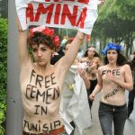 Women from the Femen activist group take part in a protest calling for Amina's release on May 30 2013, in front of the Tunisian embassy in Brussels. (Pic: AFP)