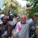 Senegalese ecologist and environment minister Haidar El Ali stands with militants asking for the reforestation of the mangrove in Tobor, Senegal. (Pic: AFP)