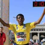 Haile Gebrselassie celebrates after winning his third consecutive Vienna half marathon on April 14 2013. (Pic: AFP)