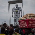 One of three new human-like robots that were recently installed in Kinshasa to help tackle the hectic traffic usually experienced in the capital. (Pic: AFP)