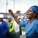 'Mareitumetse Mokhoro addresses workers outside a textile factory in Maseru. (Pic: Meri Hyöky)