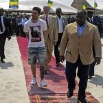 Argentinian soccer player Lionel Messi (C) is given a tour during the start of construction of the Port-Gentil Stadium by the President of Gabon, Ali Bongo Ondimba (R). (Pic: AFP)